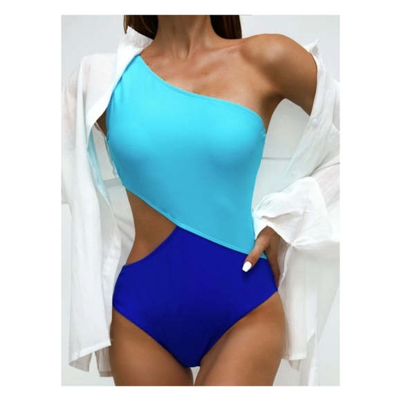 Color Block Cut-out One Shoulder One Piece Swimsuit NWOT - Picture 2 of 3